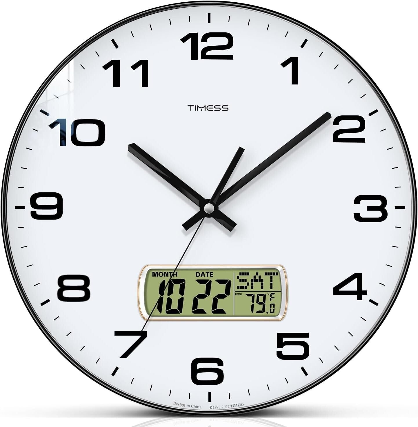 Silent 12” Wall Clock, LCD Calendar and Temperature, Modern Black