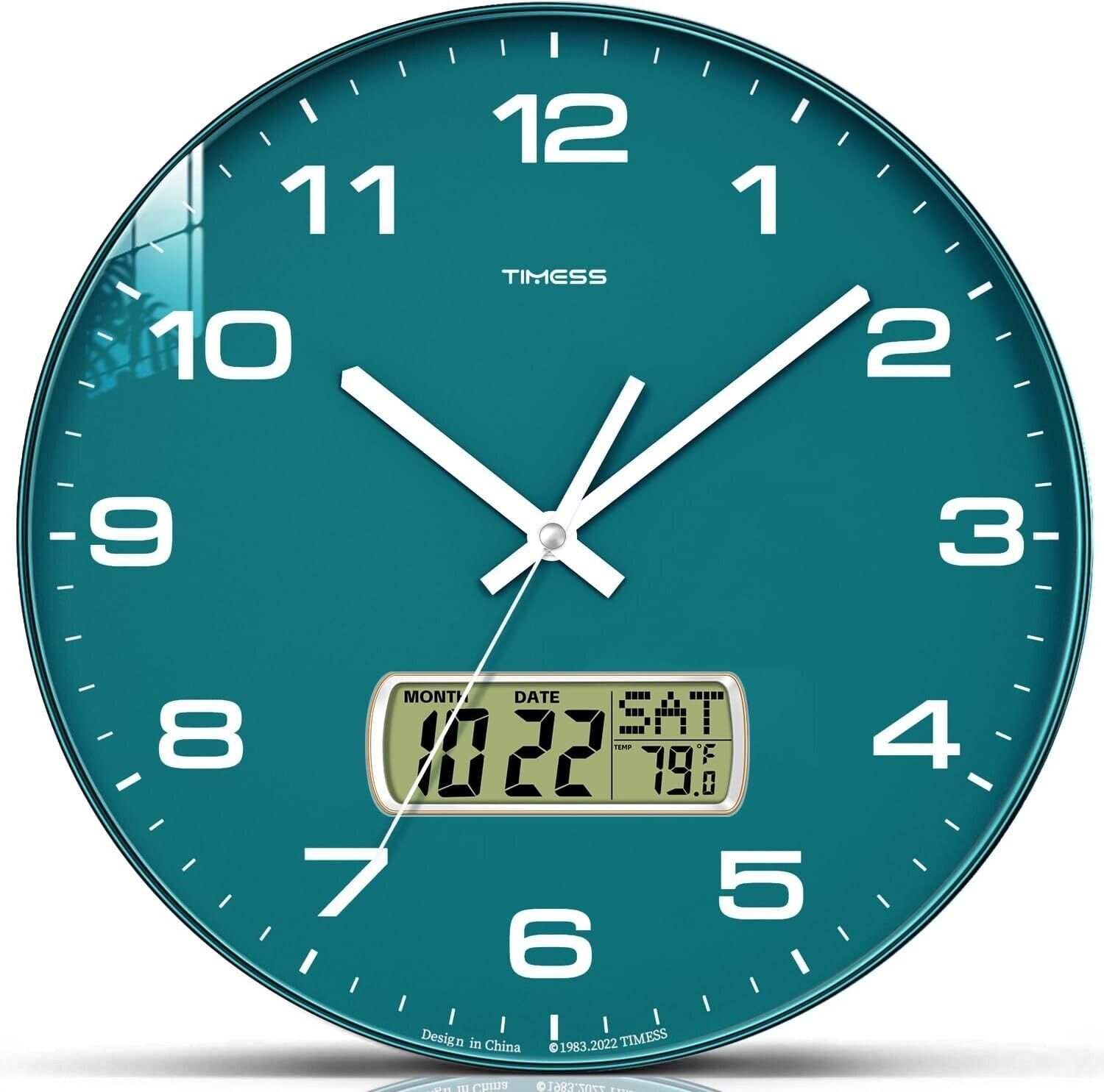 Silent 12” Wall Clock, LCD Calendar and Temperature, Modern Green