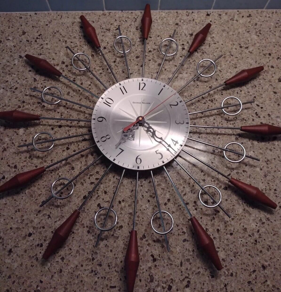 Starburst Clock Mid Century Modern Style With Silver Face - Free Shipping