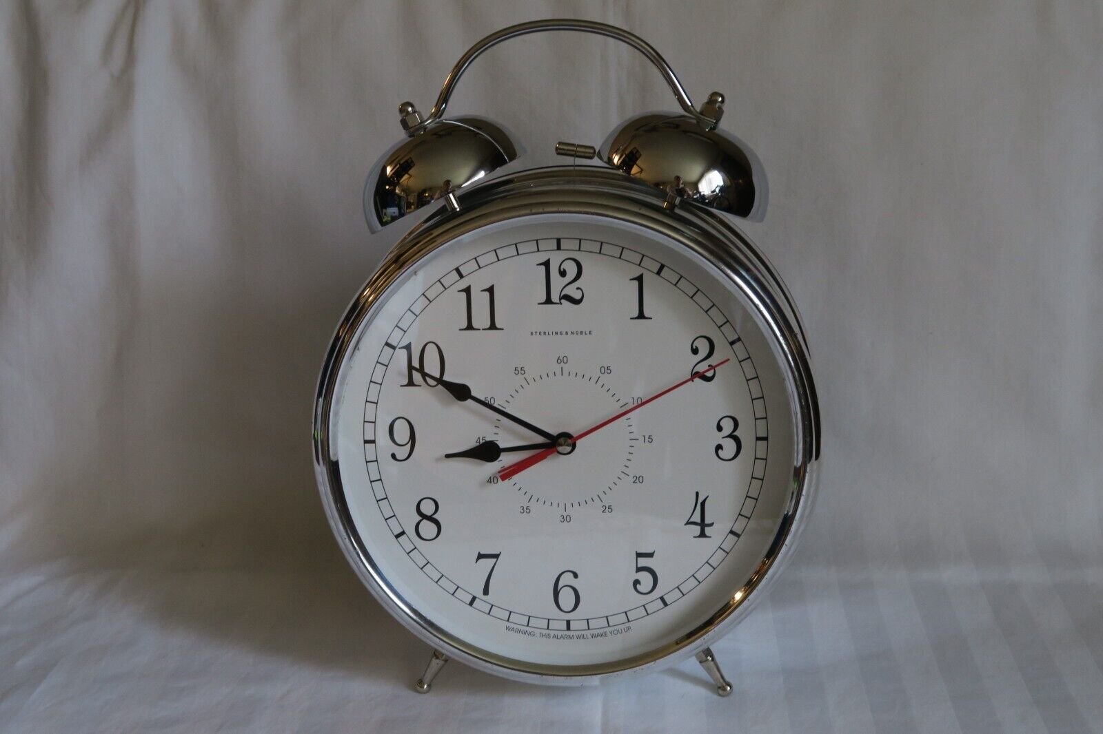 STERLING & NOBLE DESK MANTLE TABLE GIANT 9" LOUD DOUBLE BELL ALARM CLOCK