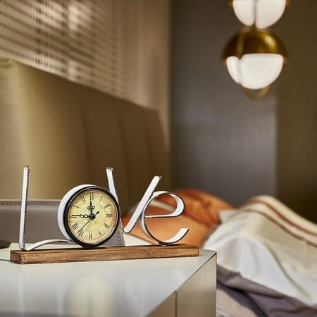 Table Clock - 5.12 H Antique Metal Wood Clock Vintage Greyish White Love With Batt[3069]