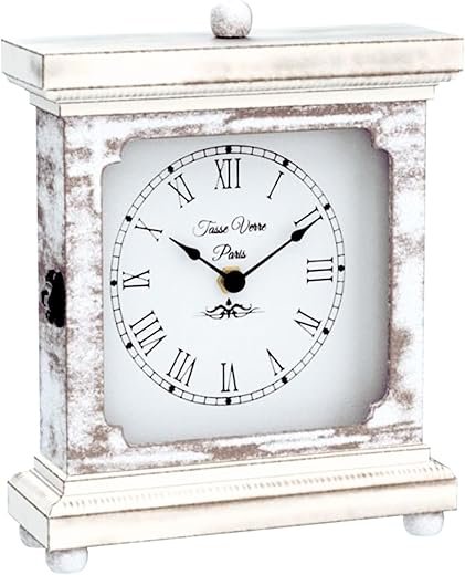 Tasse Verre Rustic Shelf Clock (Quiet) for Living Room Mantel, Table, Or Desk 9 X 7 Farmhouse Decor Distressed White Washed Wood Silent - Office Fireplace. AA Battery Operated Non-Digital, Tan