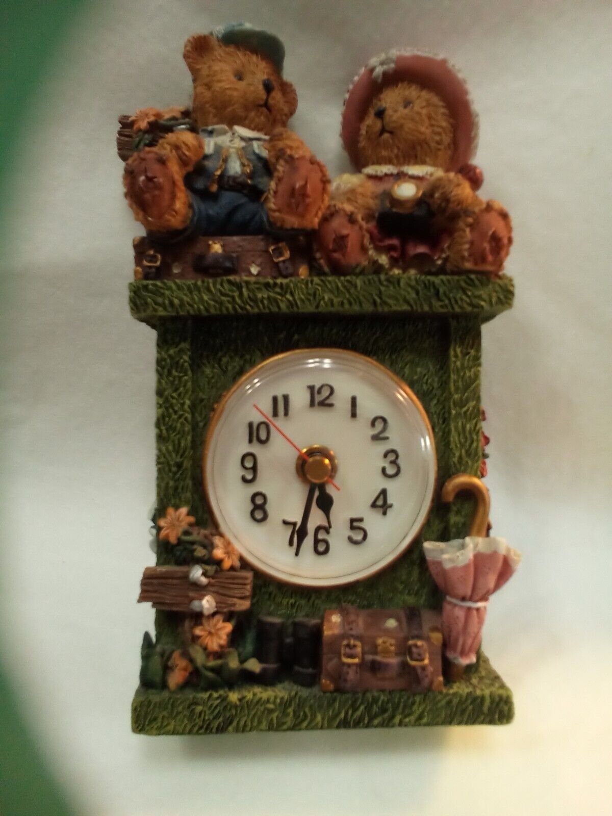 Teddy Bear Clock Vacation Traveling Bears Table Shelf Clock Figurine