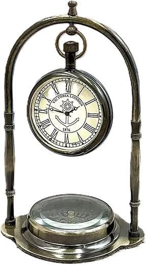 Victoria's Vintage Pocket Watch - Nautical Maritime Compass Base Table Clock - Antique Brass Engraved Compass Desk Table Clock - Vintage Decorative Ship's Clock for Your Love one & Wedding Gift