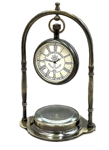 Victoria's Vintage Pocket Watch Nautical Maritime Compass Base Table Clock Antique Brass Engraved
