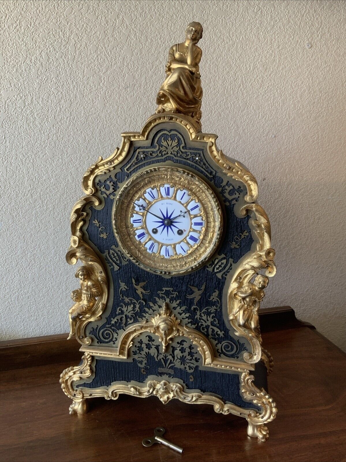 Vintage Antique Henry Marc French Wind Up Lady Mantel Desk Table Clock Paris