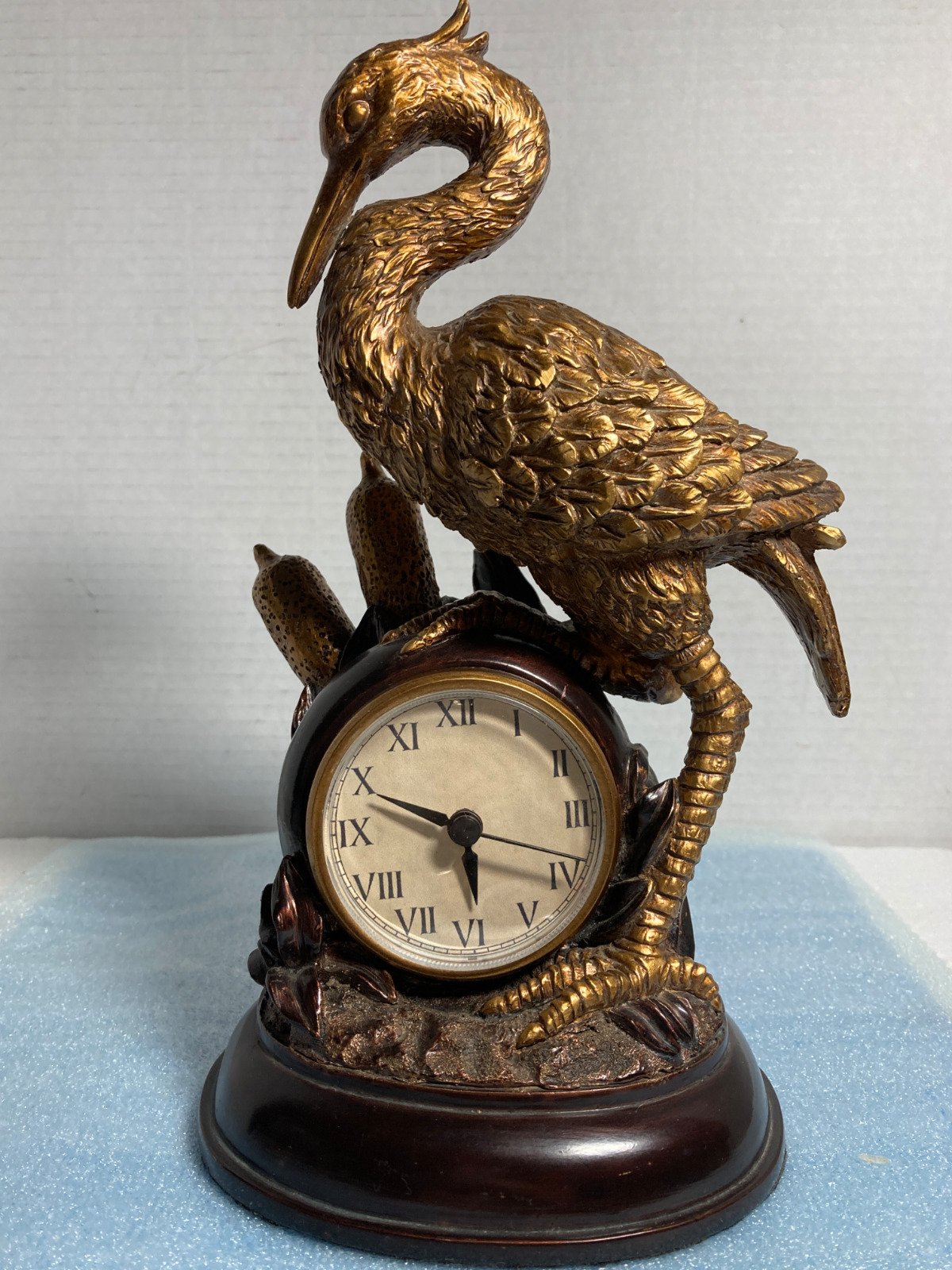 Vintage Bird Crane Clock Statue/Figurine, Fireplace Decor/ ht 10"Xw4.5"X6.5-L