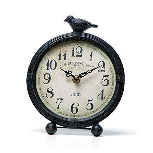 Vintage Cottage Metal Table Clock with Bird, 6.8 by 2 by 8.5 Inches, Pitchdark