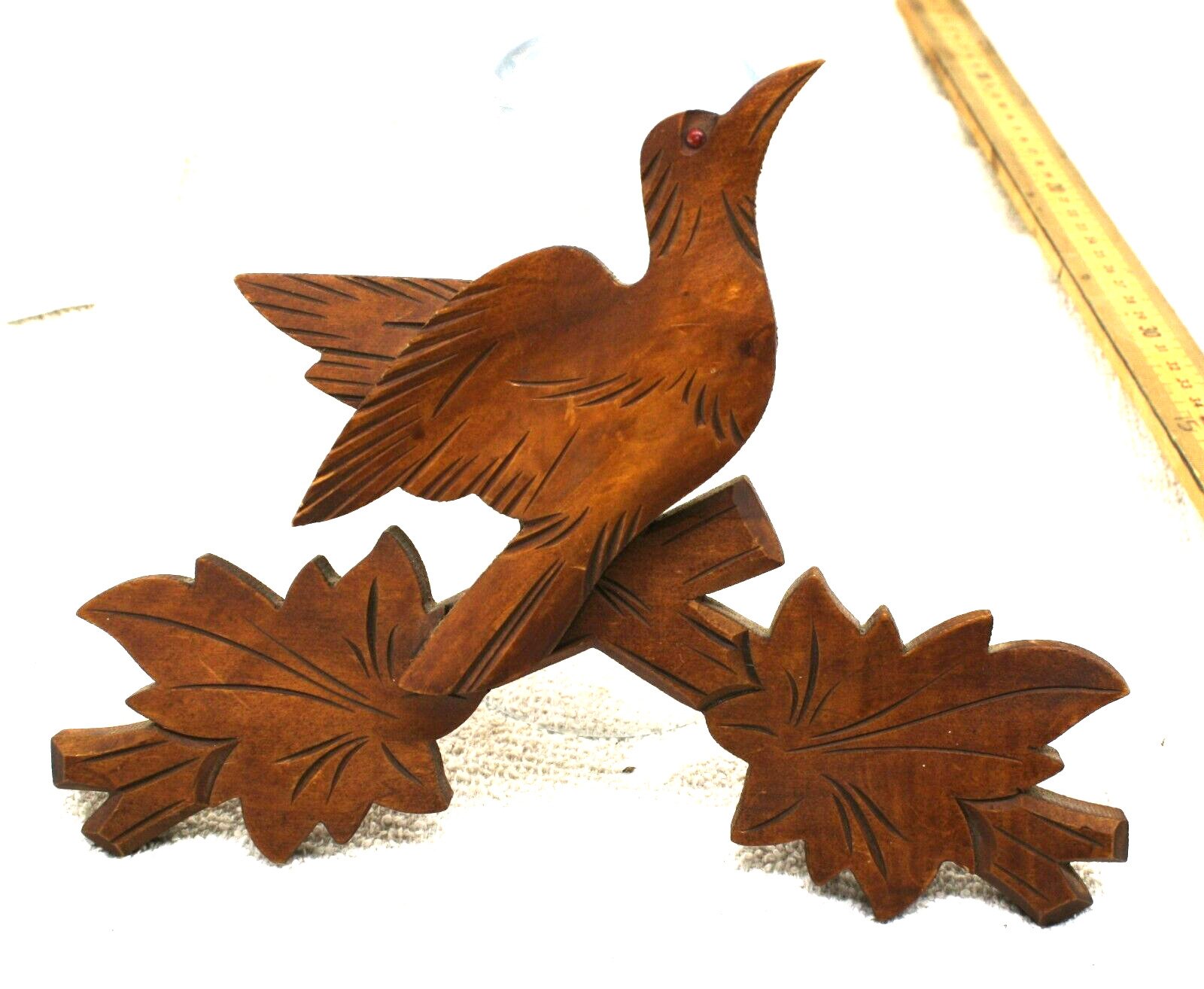 Vintage German Hand Carved Wooden Bird & Leaves Cuckoo Clock Topper