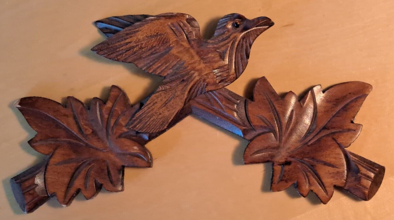Vintage German Hand Carved Wooden Bird & Leaves Cuckoo Clock Topper ~ 7" x 4"