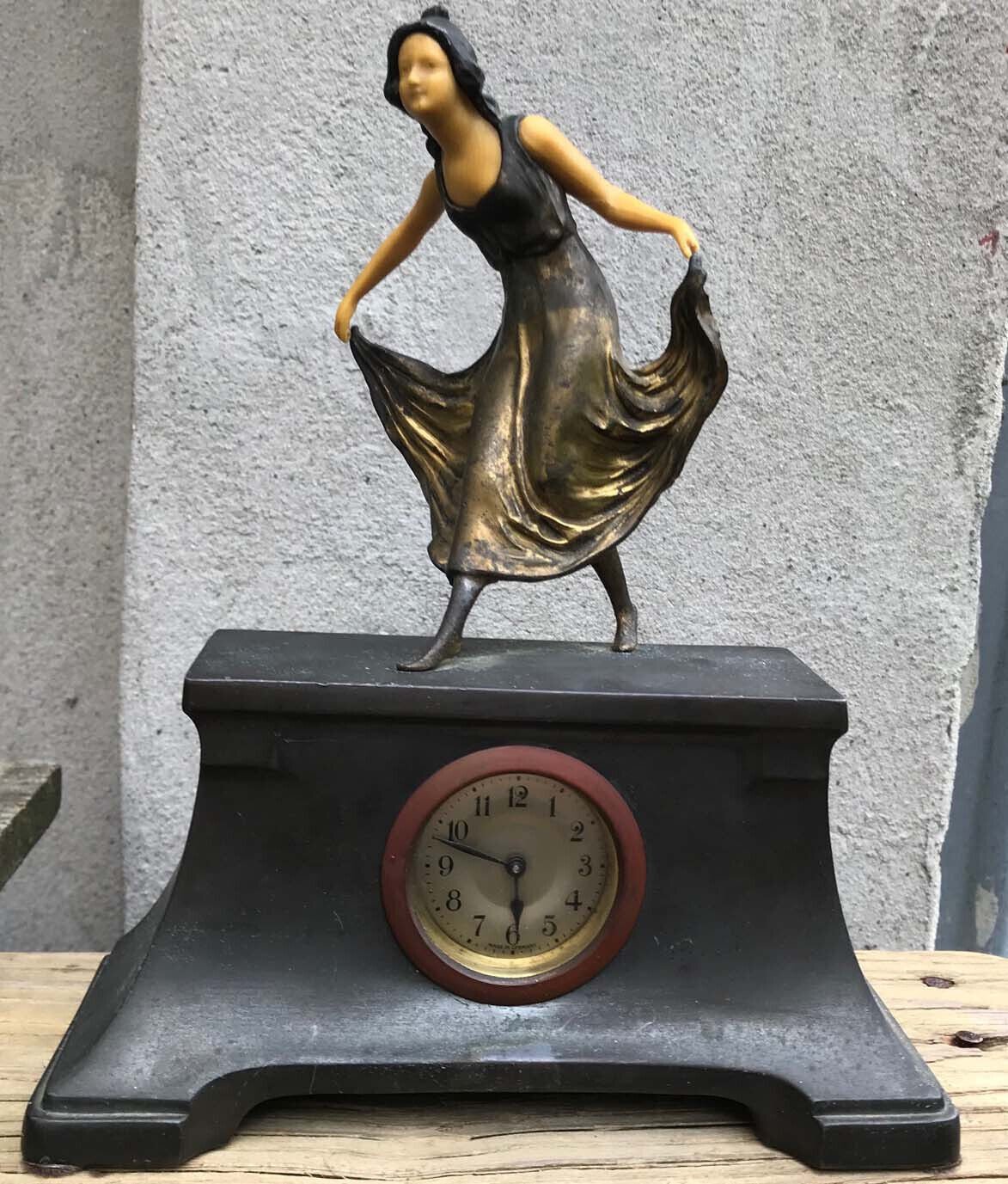 Vintage German Iron Pedestal Art Deco Clock Flapper Girl Dancer Atop 8x10" Works