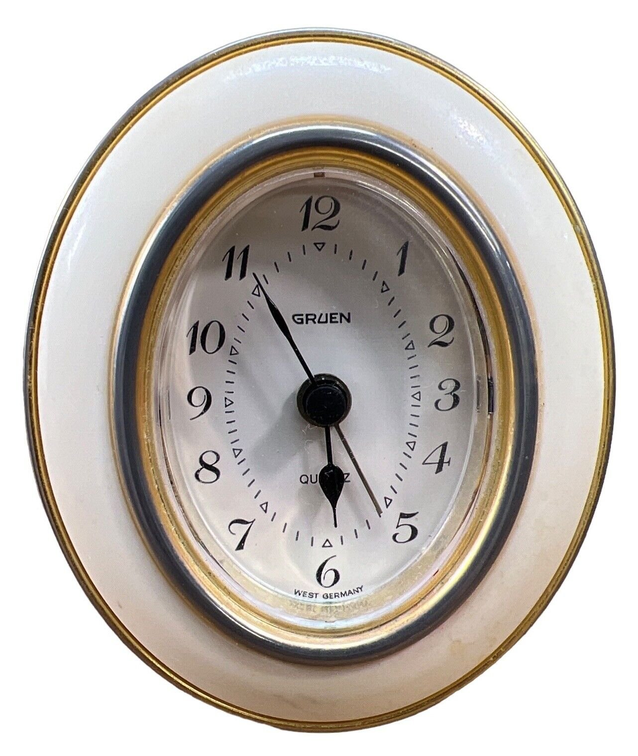 Vintage Gruen West Germany Brass Oval Ivory Gold Small Mantle Alarm Clock(Works)