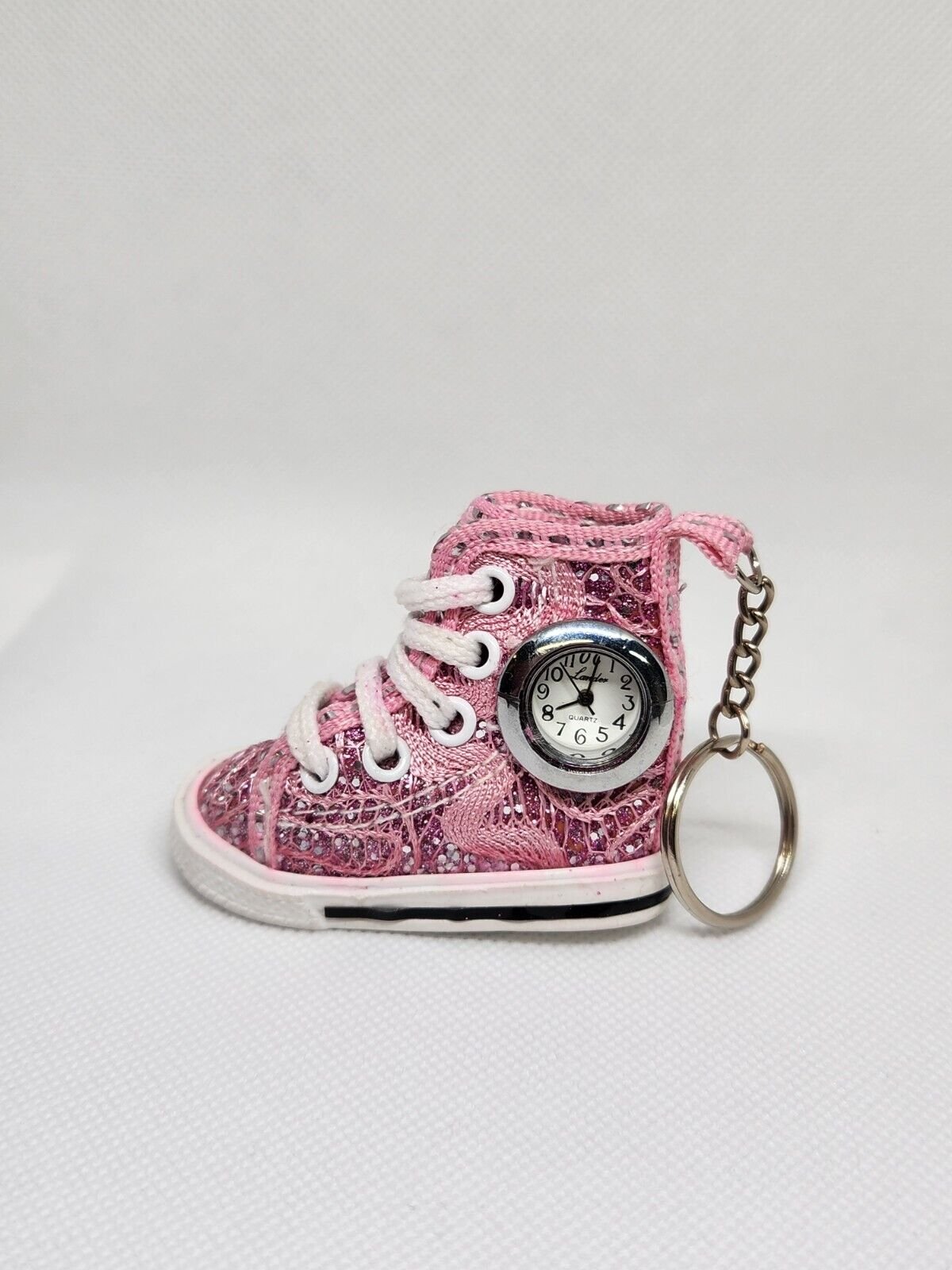 Vintage Miniature Pink Glitter Key Chain Clock