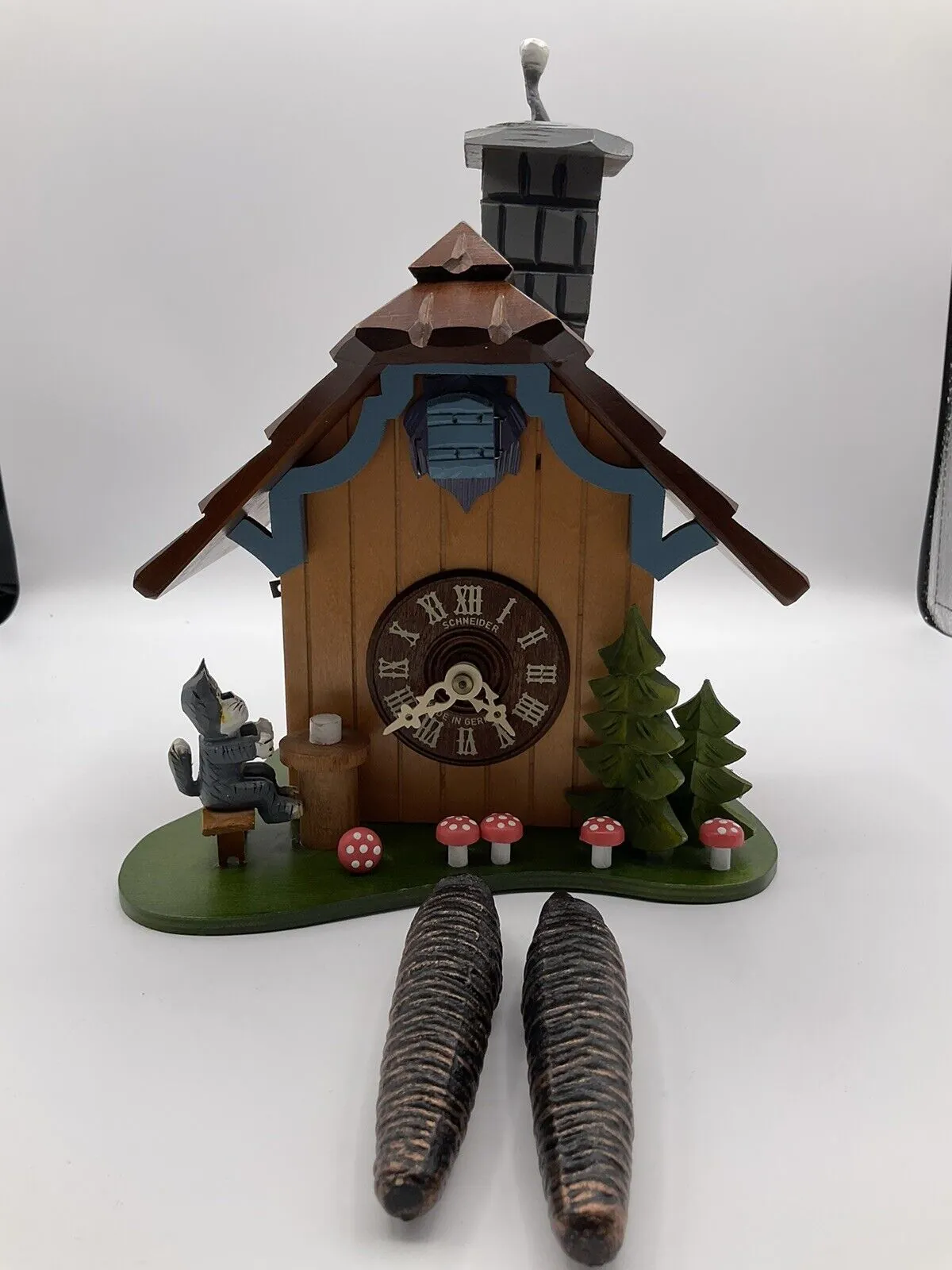 Vintage Schneider Forest House Cuckoo Clock Cat Chasing Bird Made In Germany photo