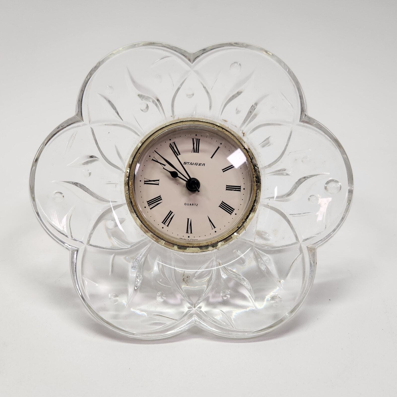 Vintage Staiger Crystal Flower Quartz Desk Clock Clear Glass