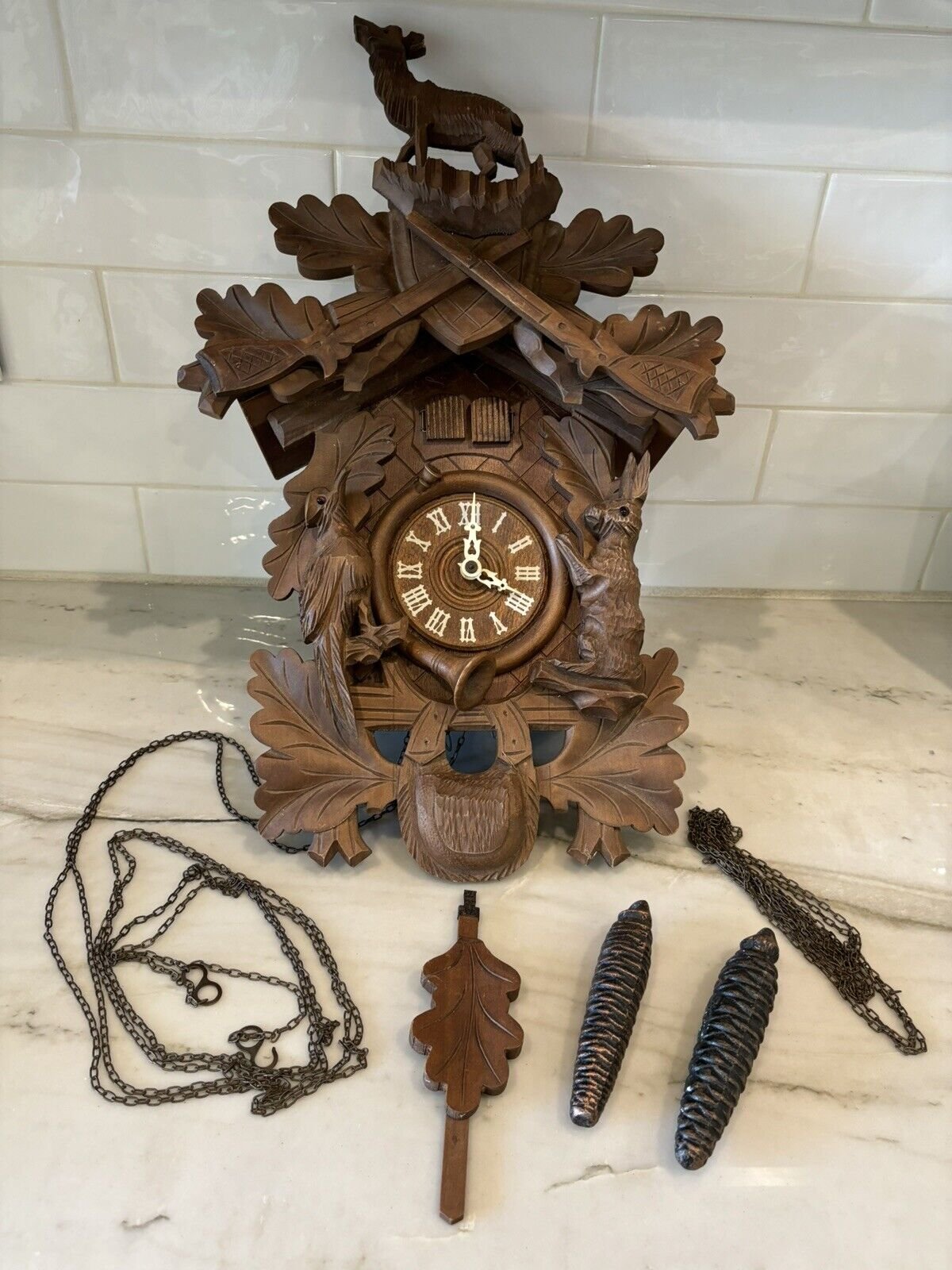 VTG antique Large wooden German Hunter cuckoo clock Black Forest Parts Only