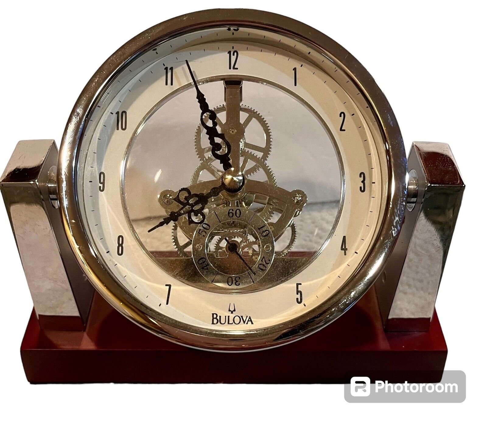 Vtg Bulova Largo Desk Table Clock Chrome Mahogany Skeleton Movement