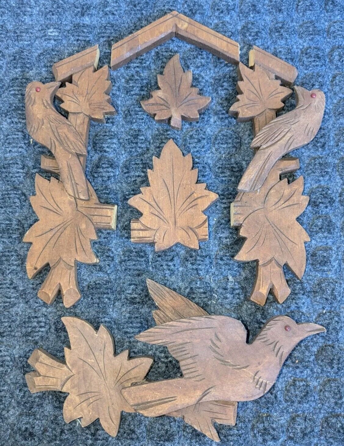 Vtg CARVED CUCKOO CLOCK LEAF AND BIRD CROWN TOPPERS, PARTS/REPAIR