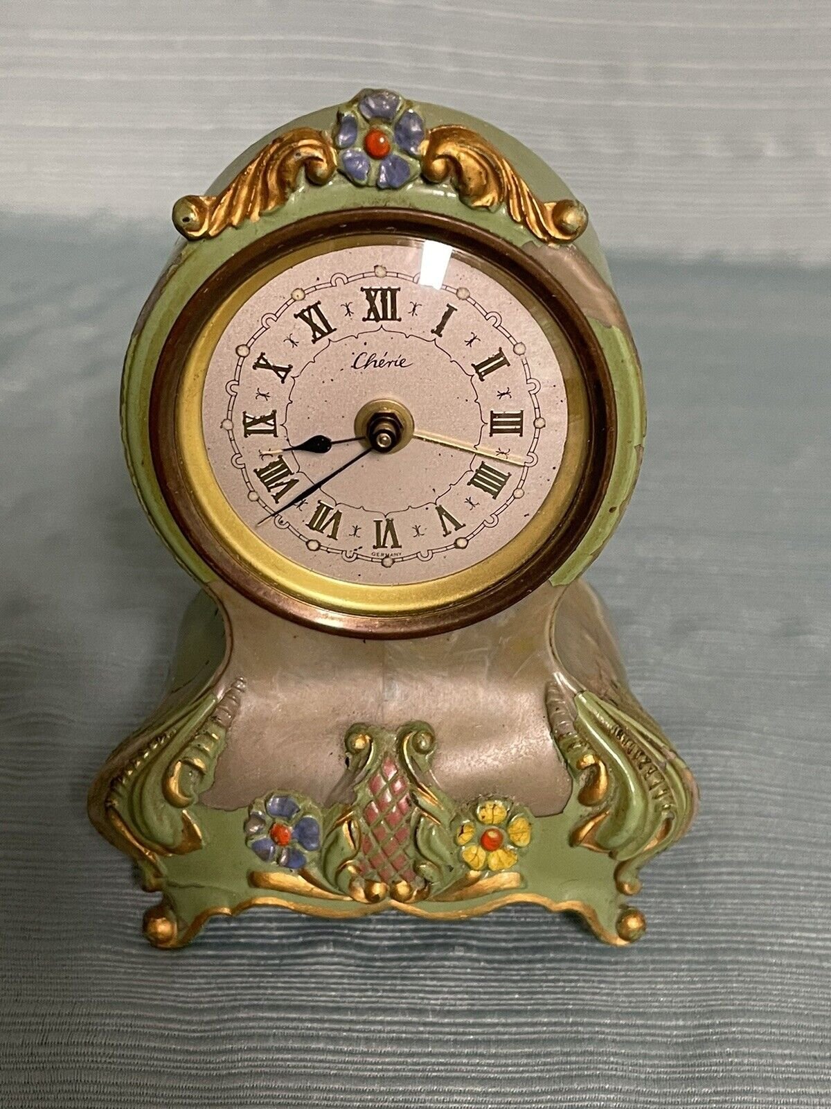 Vtg Enamel Over Brass Ornate Cherie Table Top Alarm Clock 7"