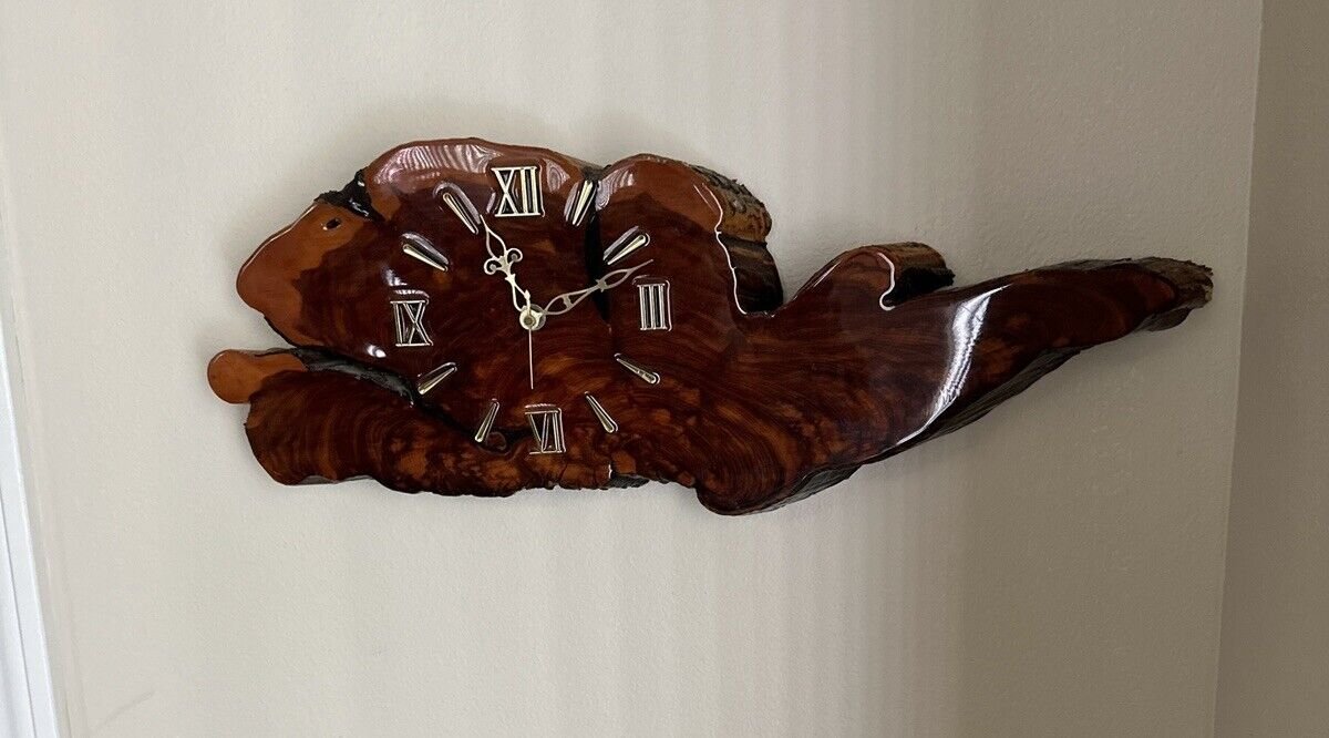 Vtg WOOD Wall Clock Live Edge Handmade Resin Epoxy MCM Cabin Cottage Deco Works
