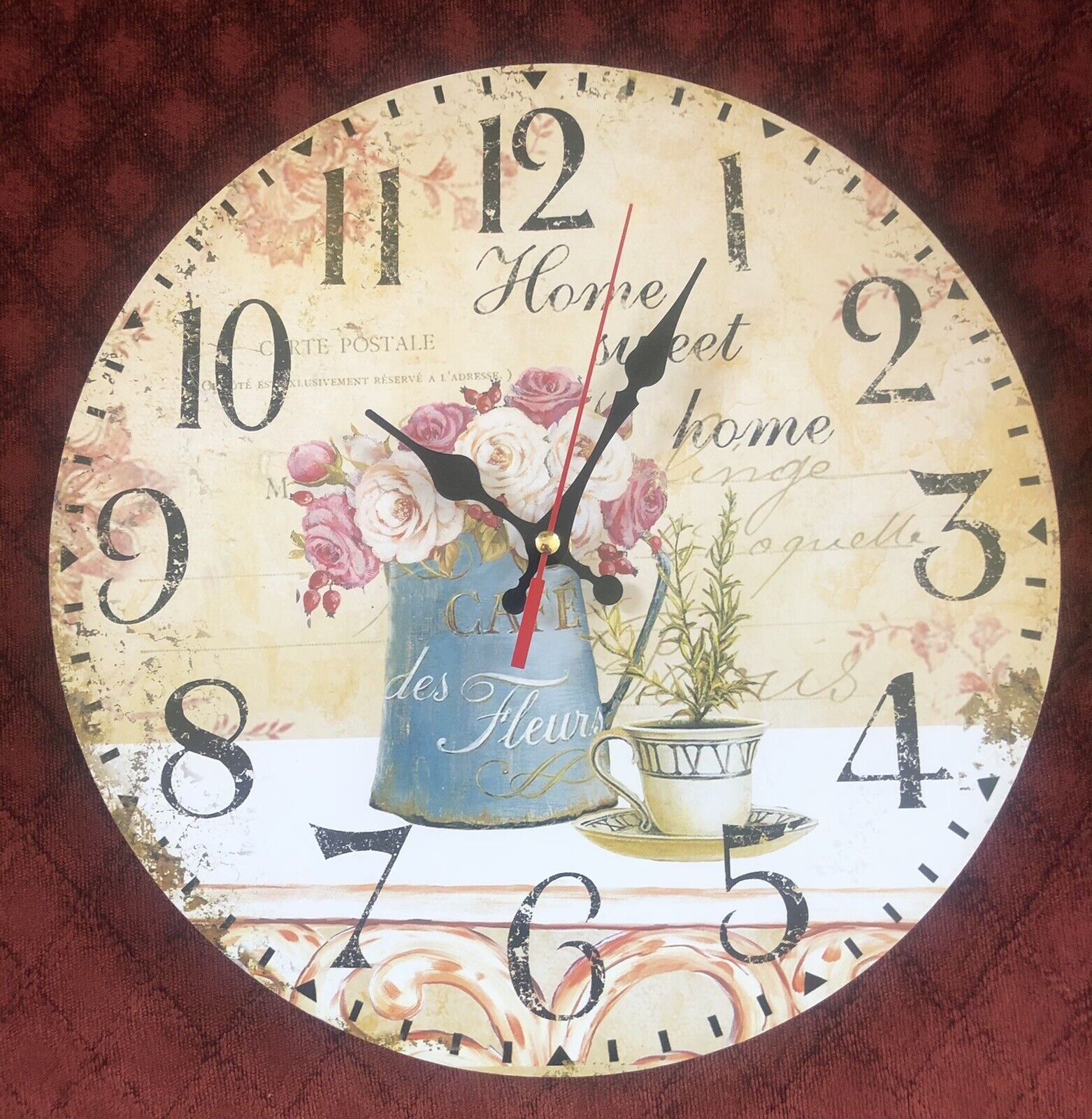 Wall Clock, Home Sweet Home, Café des Fleurs. Measures 12” in Diameter