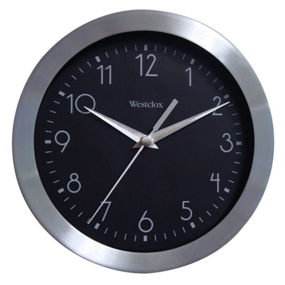 Westclox Wall Clock Brushed Aluminum Round 9 in Glass Lens Analog Silver Black