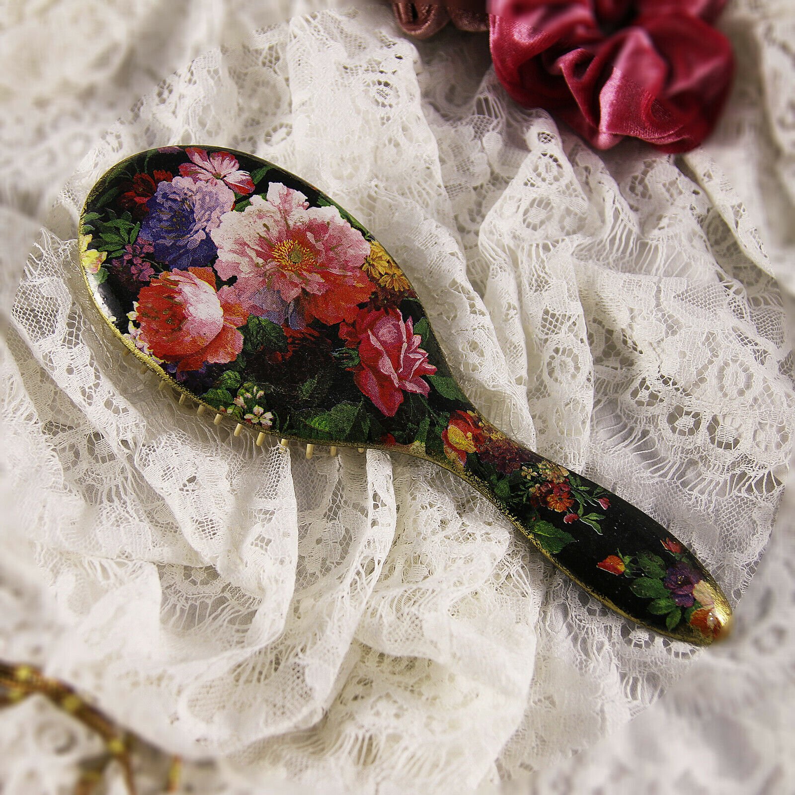 Wooden Hair Brush Handmade Flowers Dark Contrast Decoupage Wood Comb Bamboo