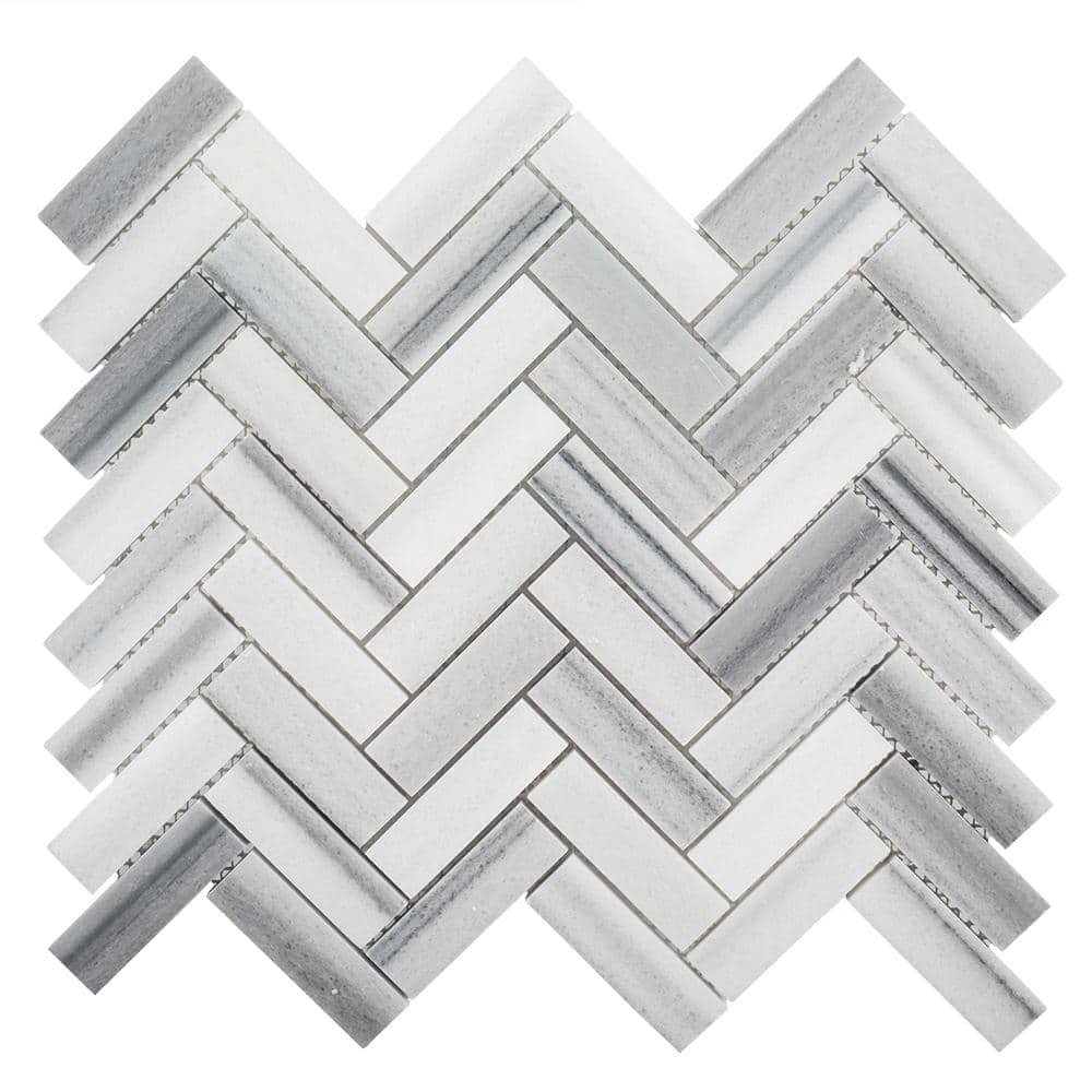 Zebra Plains Gray 12.875 in x 11.125 in. Herringbone Polished Marble Wall...