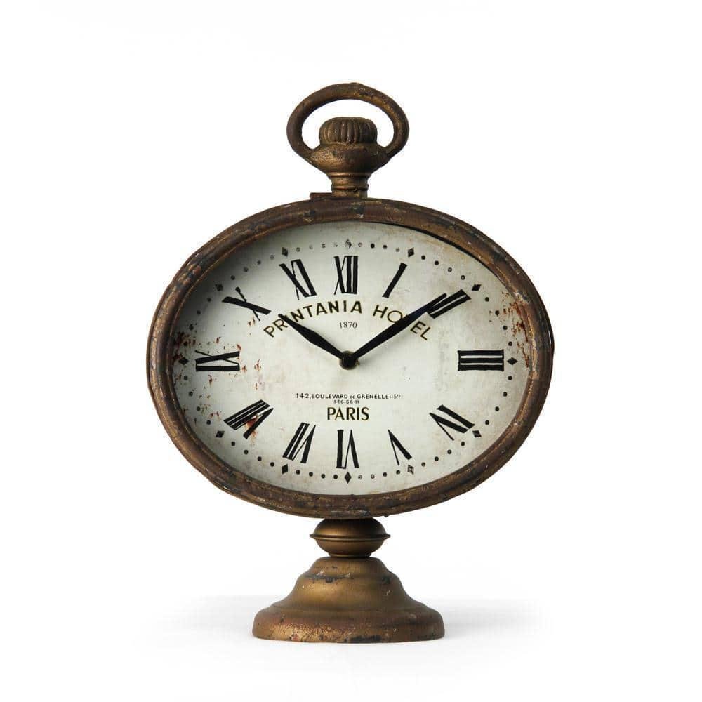 Zentique Table Clock Vintage Metal Pedestal Base Roman Numerals Antique Brown