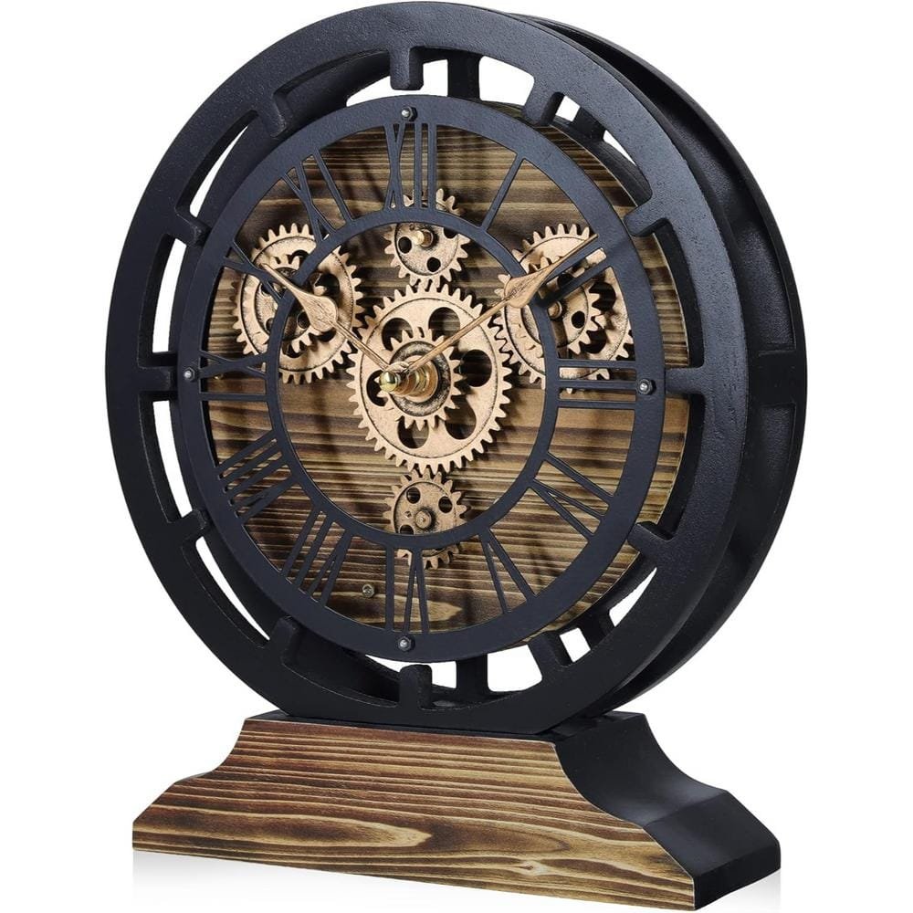 10 in. Analog Wooden Real Moving Gears 2 in 1 Desk Clock,...