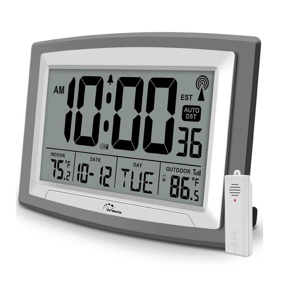 12.5 in. Grey Digital Thermoplastic Atomic Clock with Indoor Temperature and Humidity...