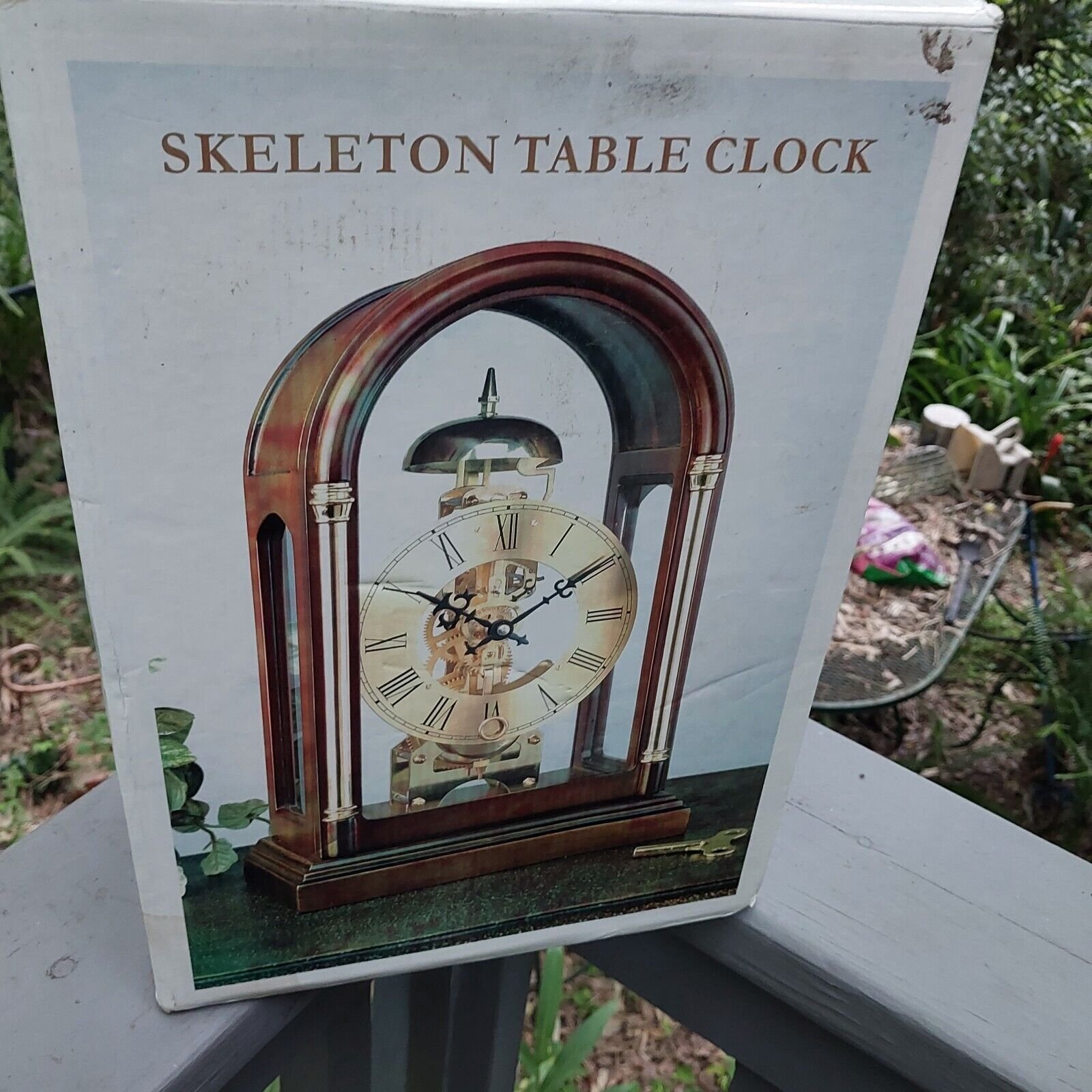 13" Mechanical Skeleton Windup Wooden Desk Clock Open Box With Manual