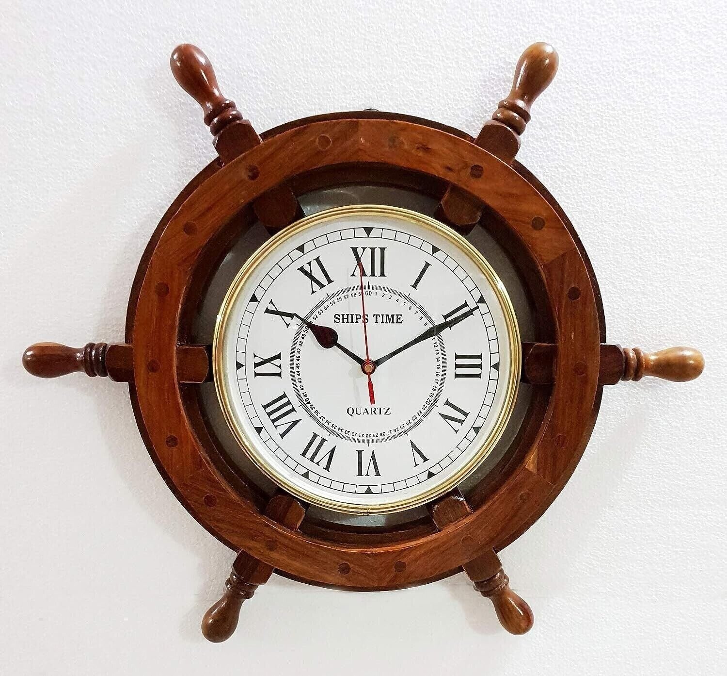 18" Wooden Ship Wheel Wall clock Antique Style Handmade Nautical Clock For Decor