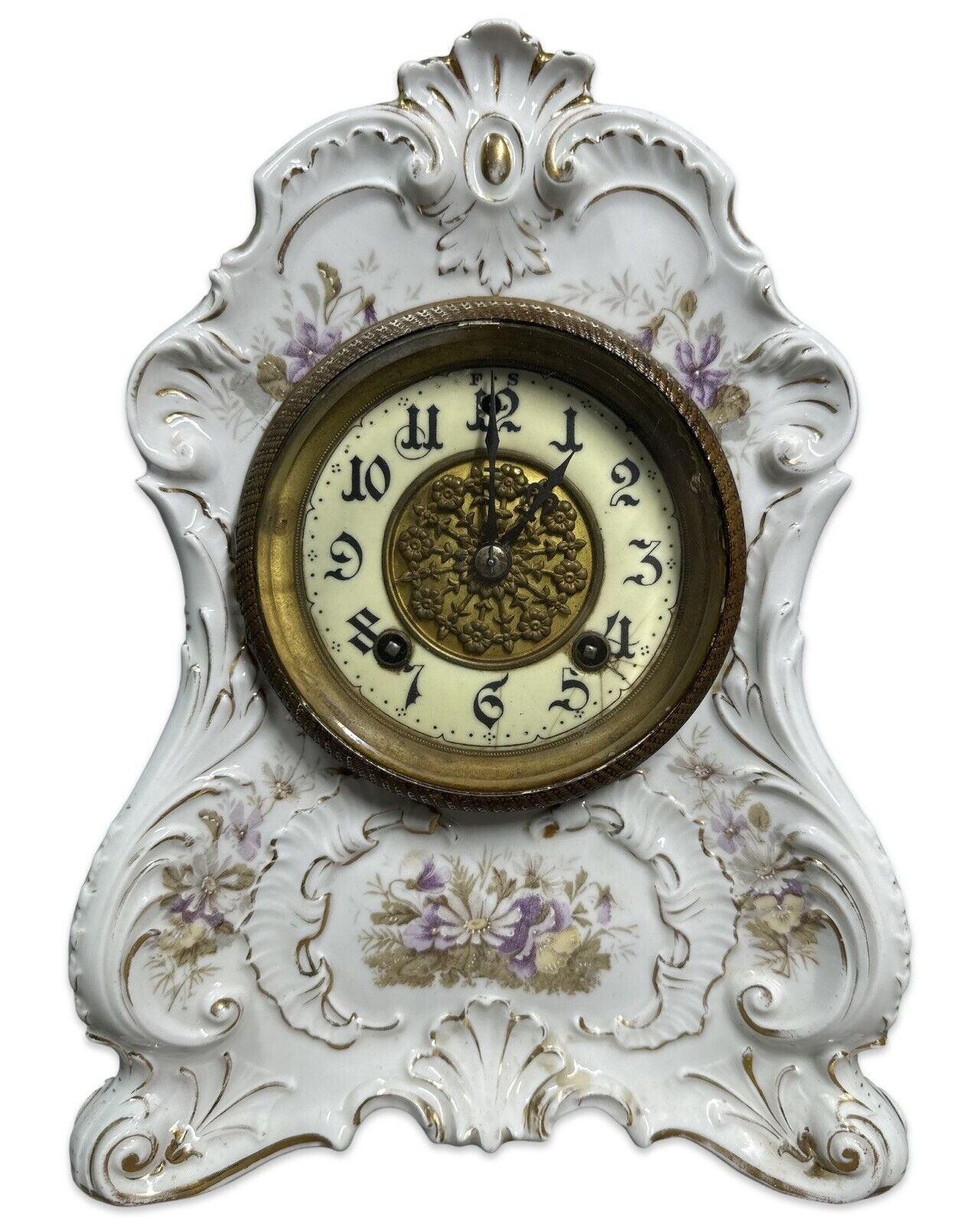 19thC Antique VICTORIAN NEW HAVEN Old CERAMIC / PORCELAIN Floral MANTEL CLOCK
