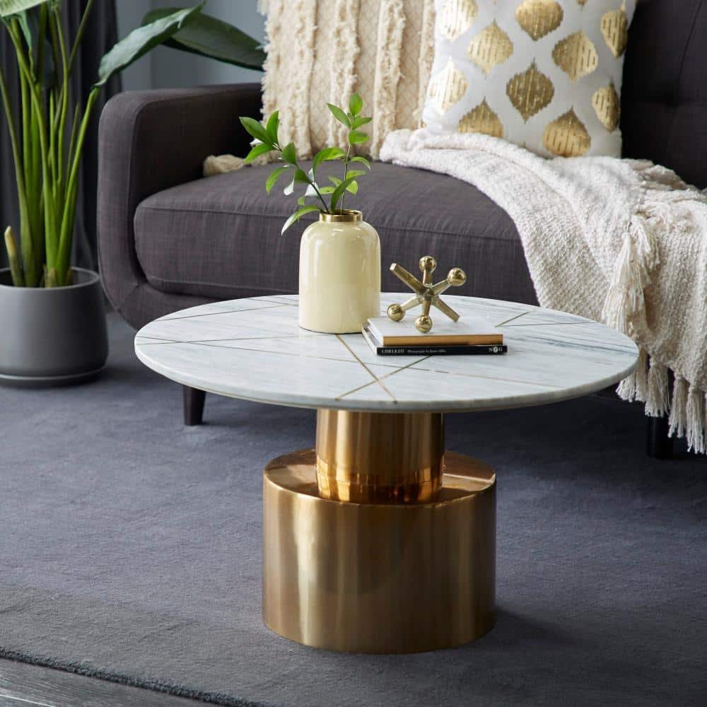 20 in. x 17 in. Round Light Marble Coffee Table With Gold...