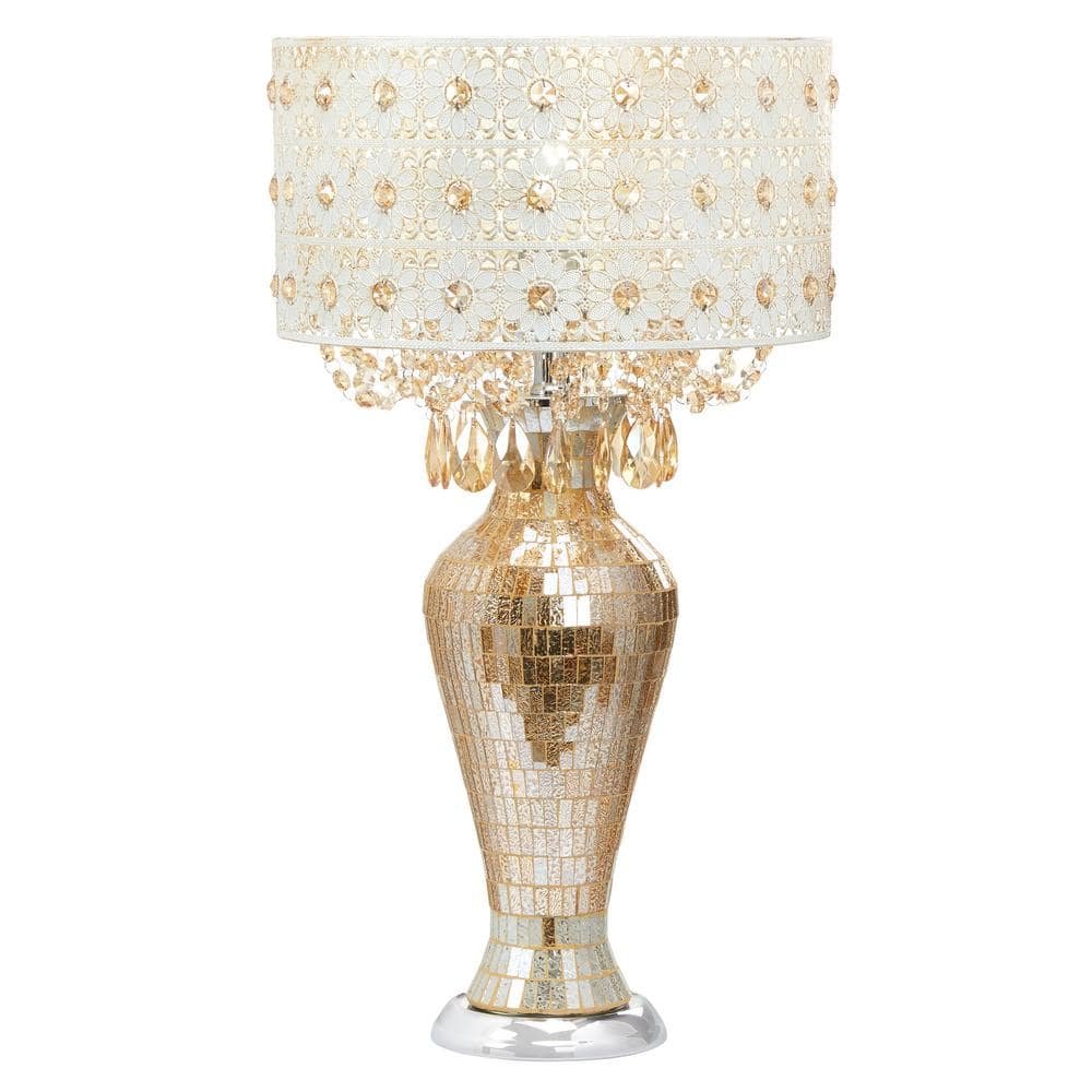 25 in. Champagne Indoor Table Lamp with Jeweled Metal and Mosaic Base