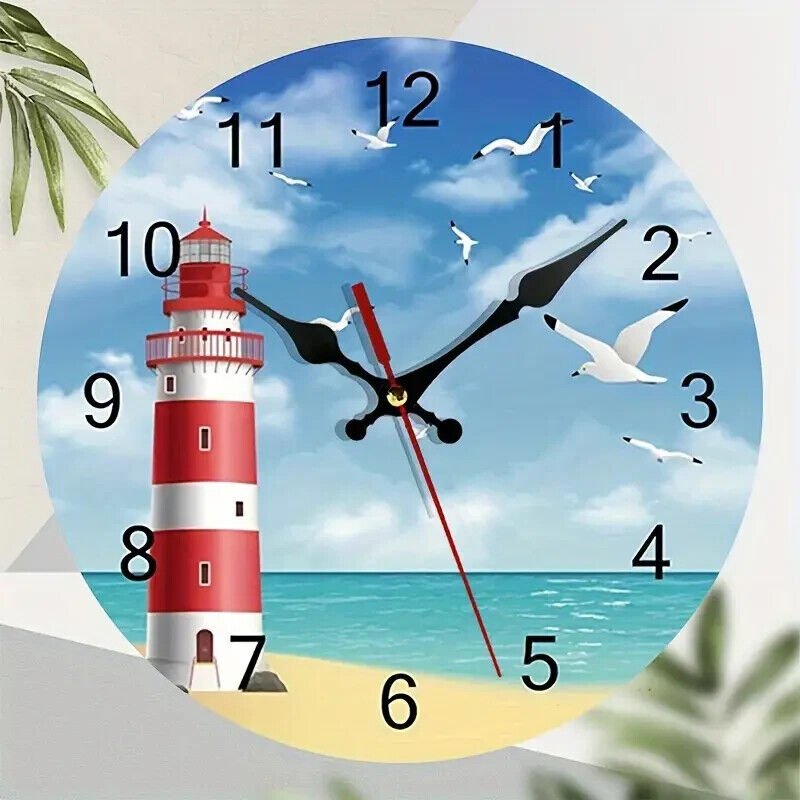 4.8 Inch Round Scenic Lighthouse & Seagull Silent Easy to Read Desk Clock NEW!