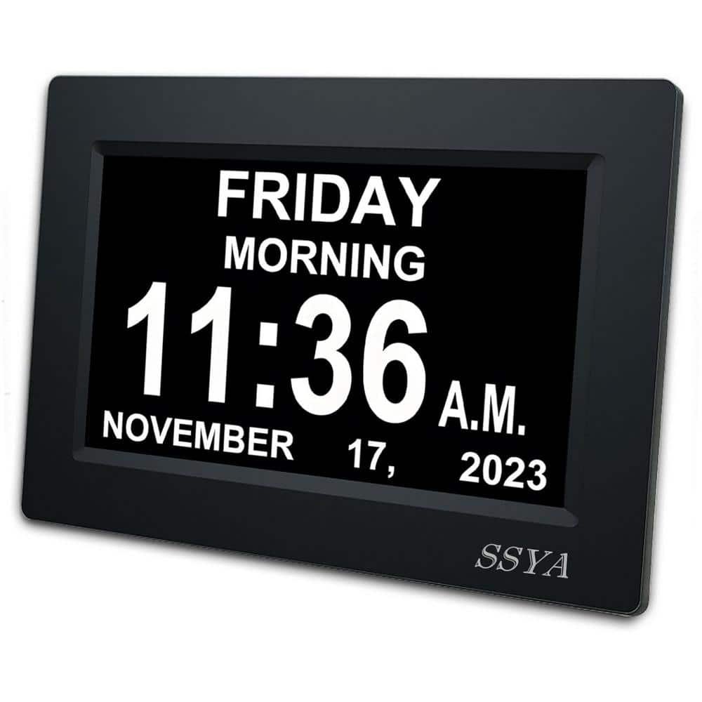 7 in. Black Calendar Clock 12-Alarm Options, Level 5-Auto Dimmable Display with...