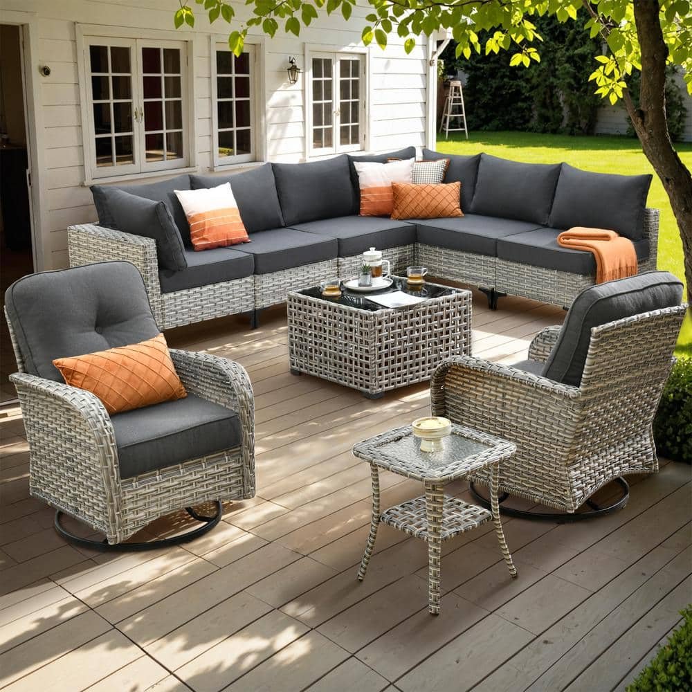 Aquarius 10-Piece Wicker Patio Conversation Seating Sofa Set with Black Cushions and...