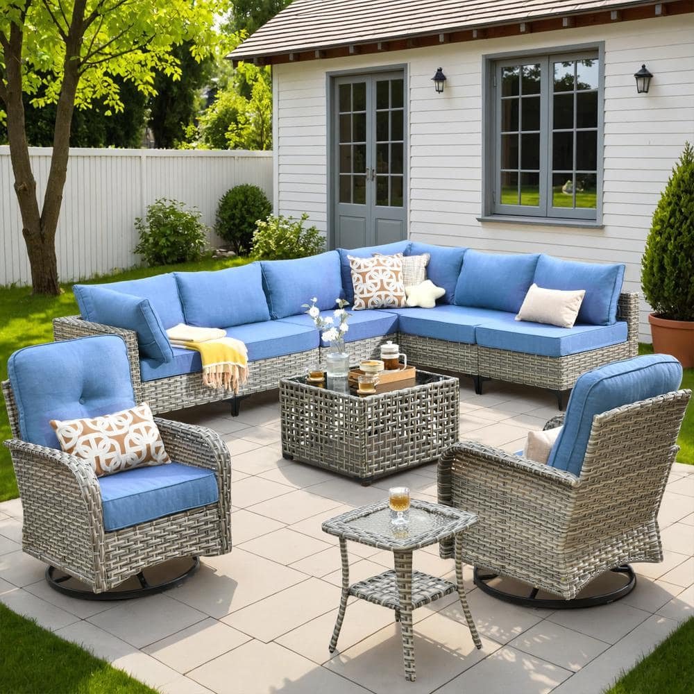 Aquarius 10-Piece Wicker Patio Conversation Seating Sofa Set with Blue Cushions and...
