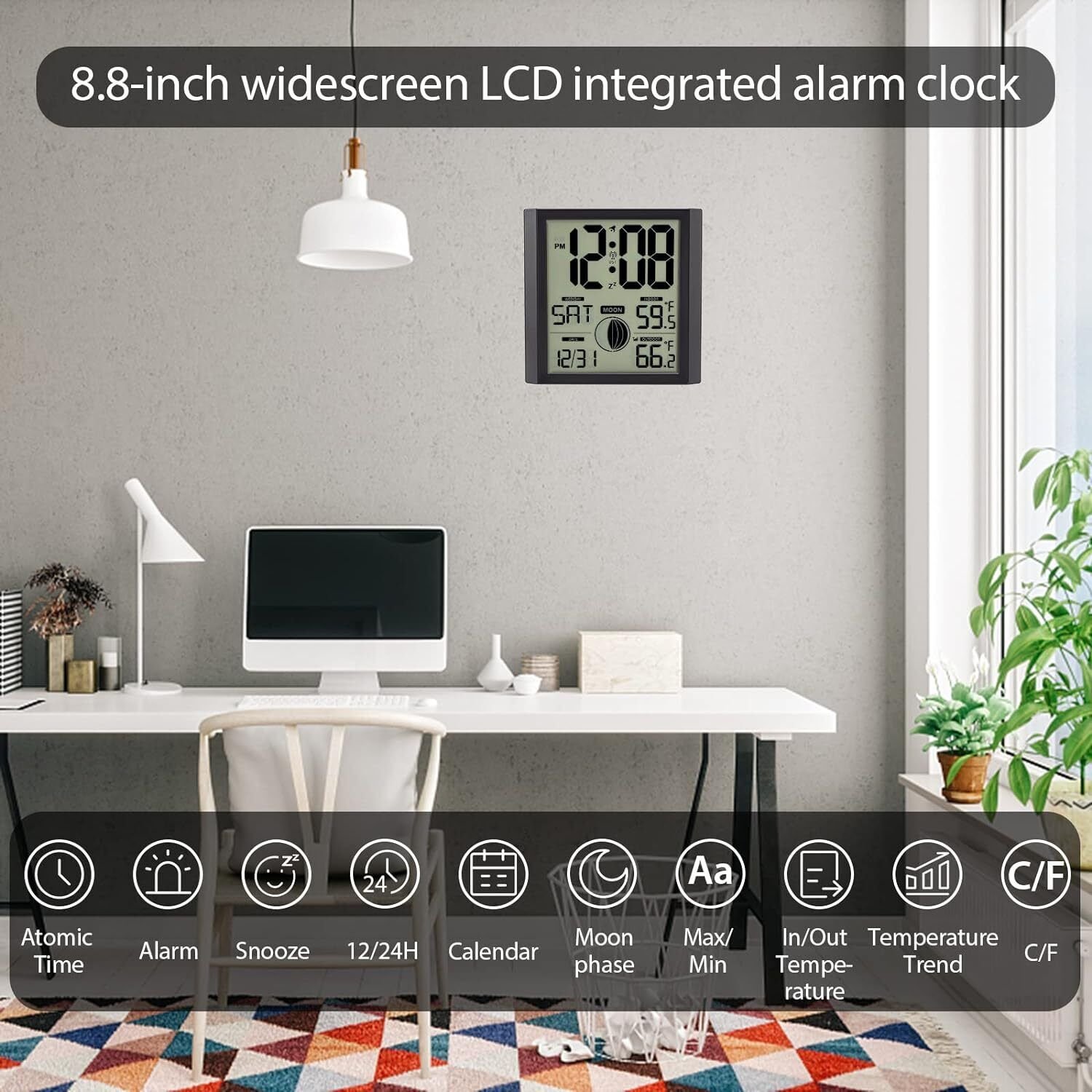 Atomic Clock with Indoor Outdoor Temperature, Self-Setting Digital Wall Clock