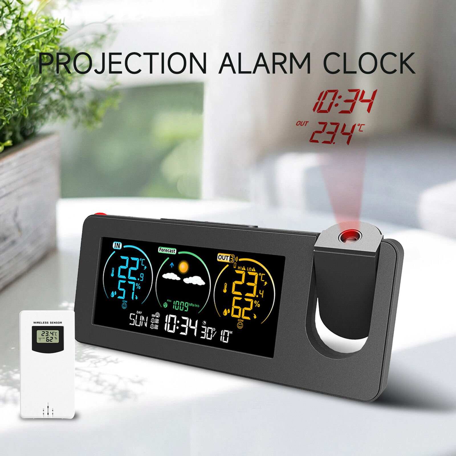 Atomic Projection Alarm Clock Projector Radio-controlled Time Snooze Weather
