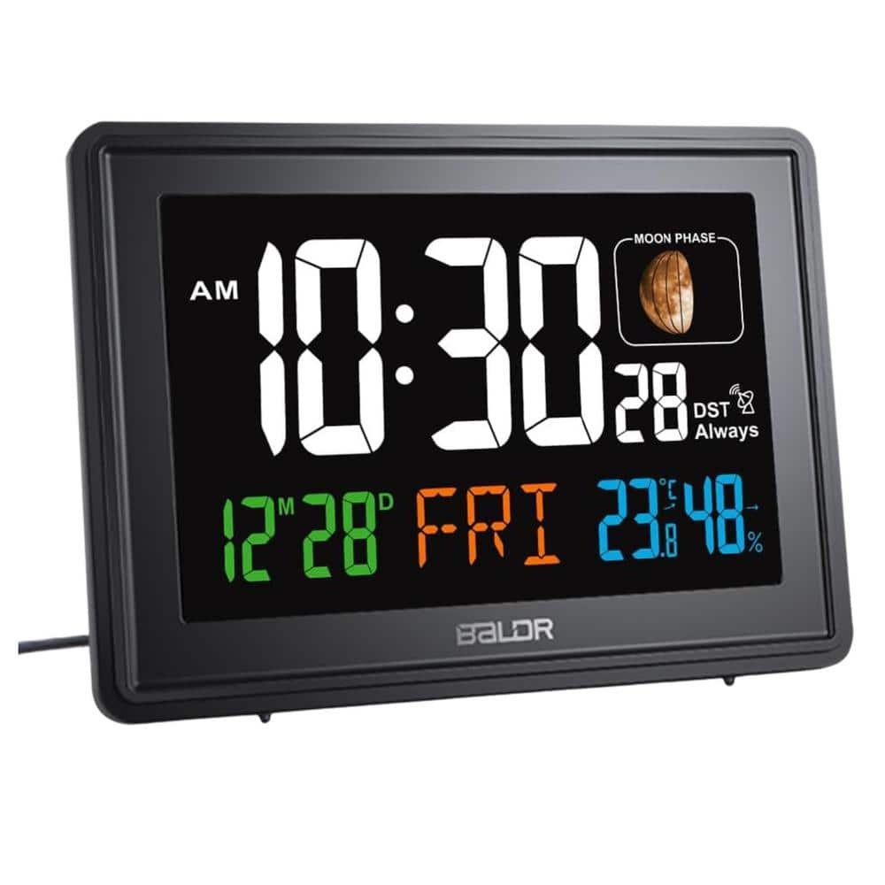 Black Large Color Display Digital Desk Rectangular Atomic Alarm Clock with Indoor...