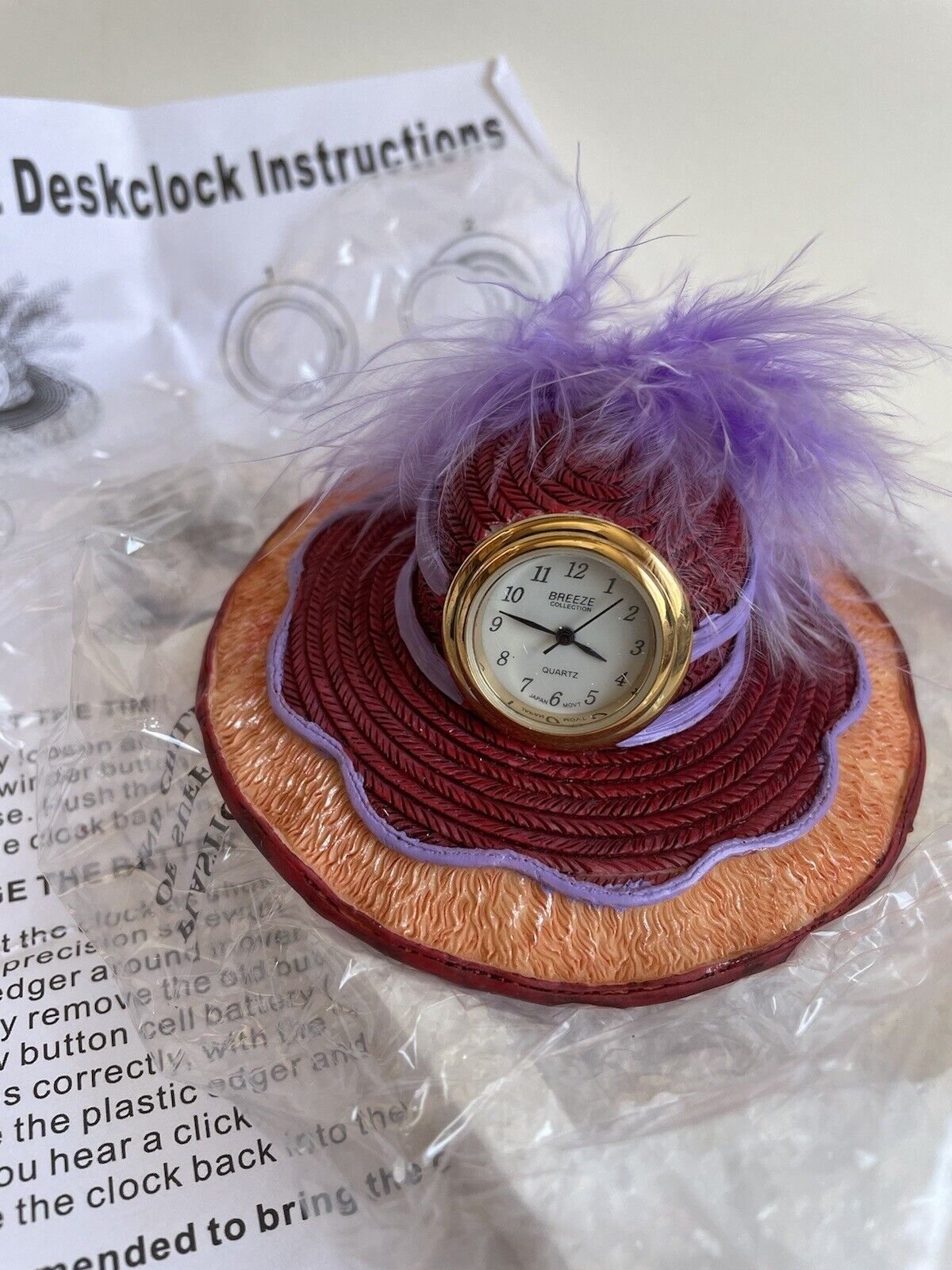 Breeze Ladies Red Hat Desk Clock W/feather Battery Operated Desk Clock