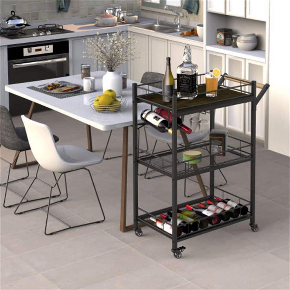 Brown Kitchen Cart with Lockable Wheels Wood Look Top and Metal Frame