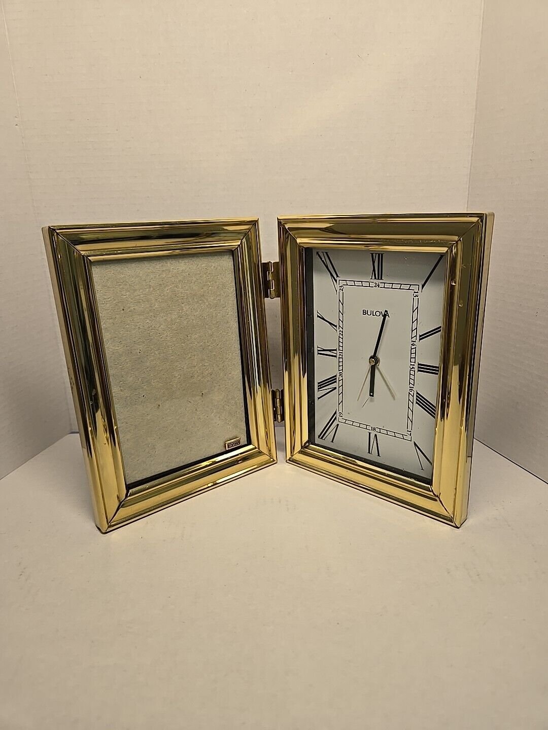 Bulova Leather Framed Travel Clock Picture Photo Frame - Hinged Folding