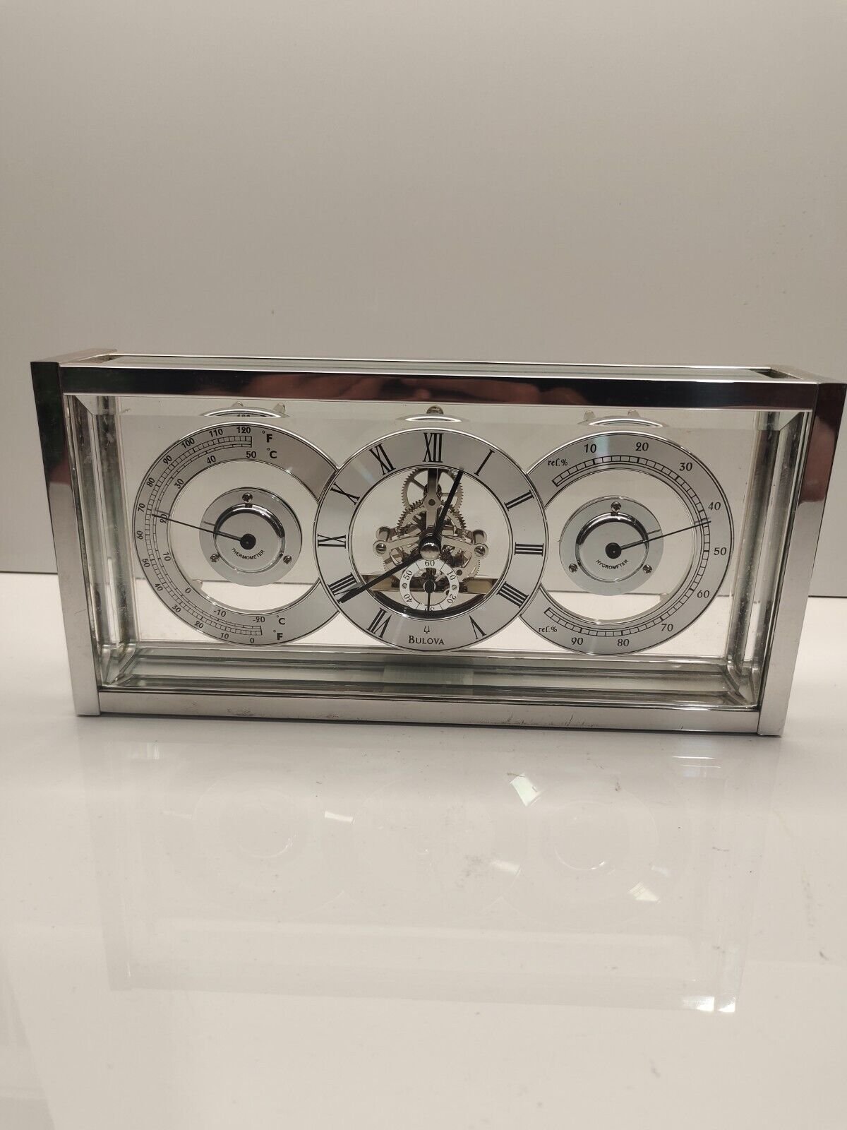 Bulova Vantage Skeleton Mantel Clock Modern Glass & Chrome Case