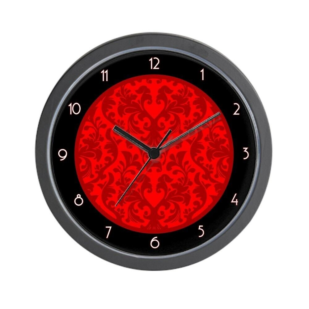 CafePress Black Red Damask Elegant 10" Wall Clock (120180557)