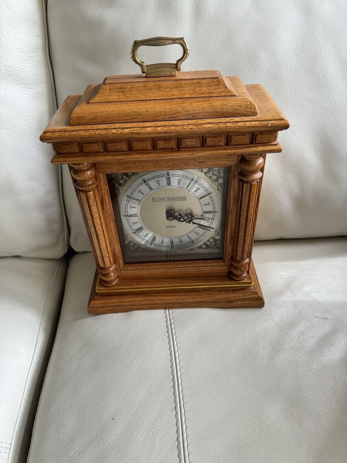 Classic Traditions Quartz Oak Mantel Clock Chimes On The Hour. 15" Tall