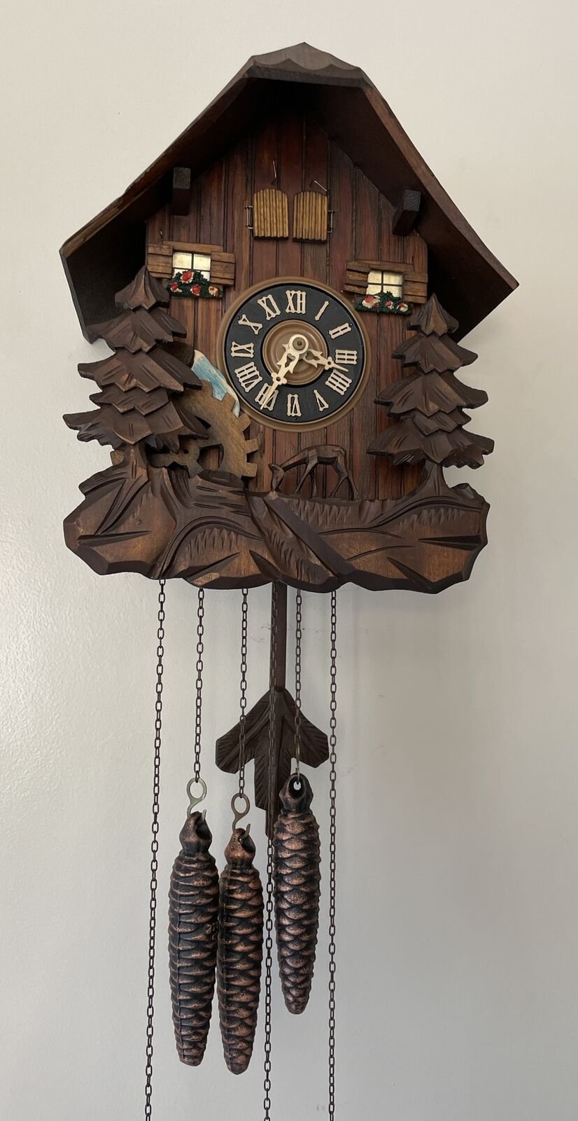Cuckoo Clock, W.Germany, Schneider Shone,Rotating Water Reel-SEE VIDEO